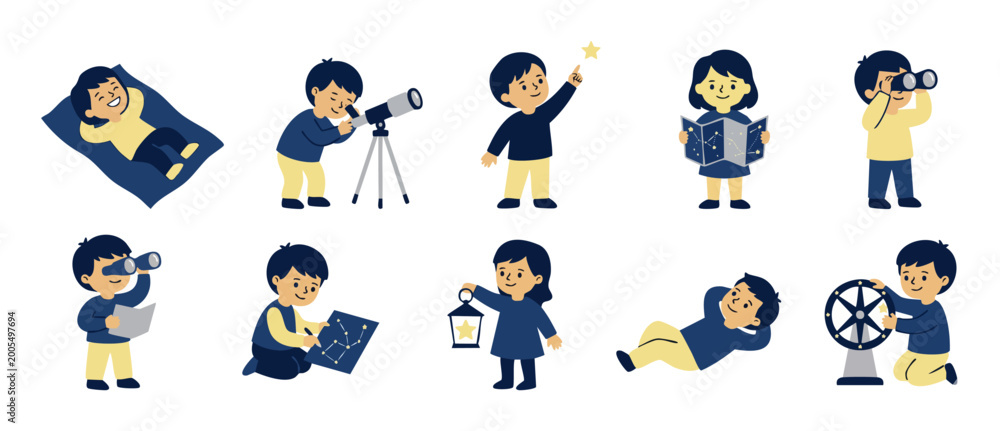Fototapeta premium Kids Stargazing Set with Telescope, Astronomy Activities and Science Exploration. Cartoon children characters studying stars, using binoculars and constellation maps for education and cosmic discovery