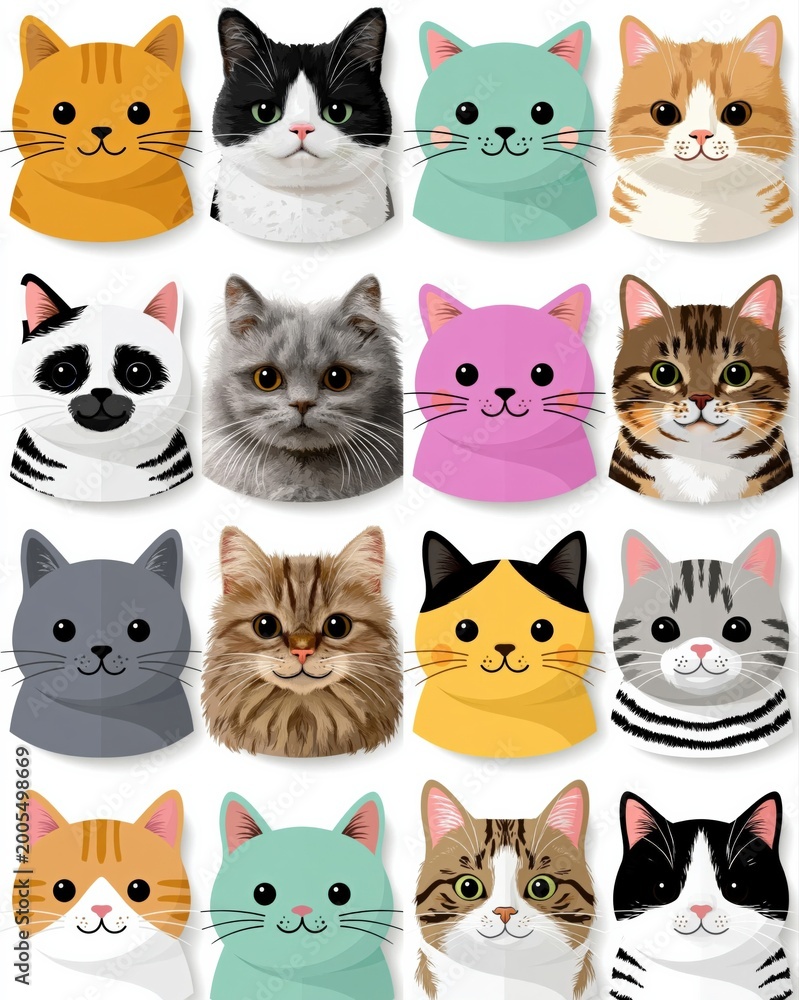 Fototapeta premium Collection of 16 Adorable and Diverse Cat Faces in Various Colors and Patterns