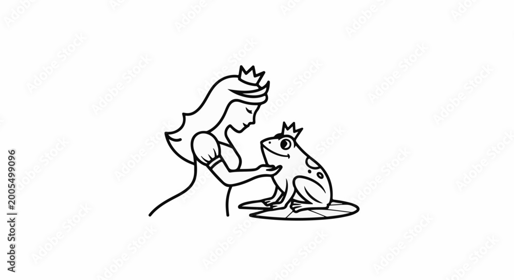 Obraz premium Princess with crown gently touches a frog with a crown
