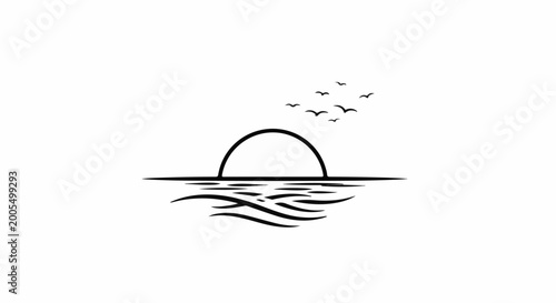 Minimalist black and white scene of a sun setting over water with birds