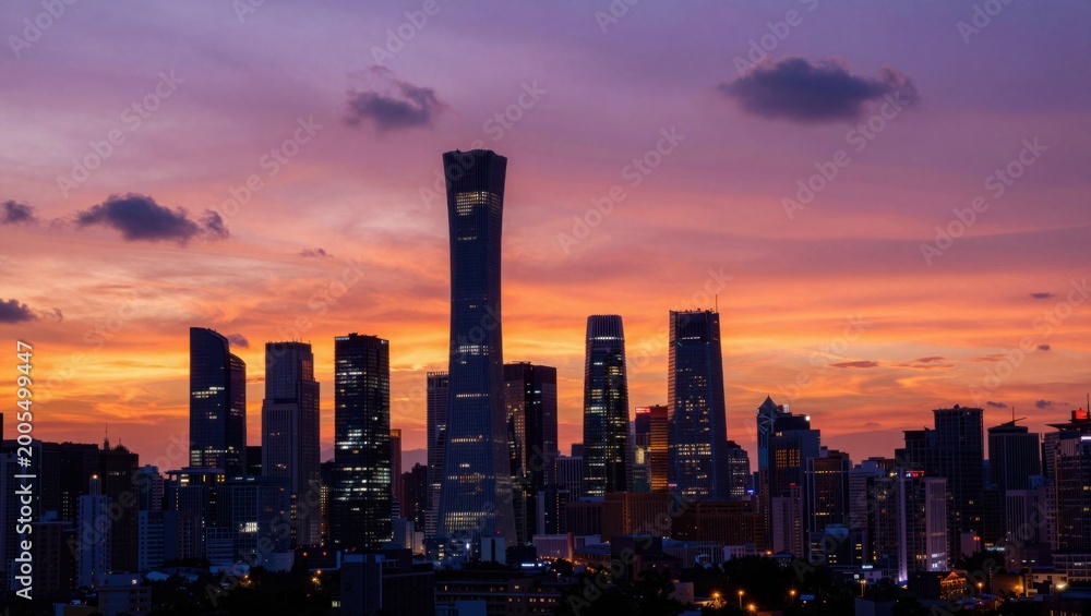 Obraz premium Urban skyline silhouetted at colorful sunset over cityscape