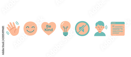 Fotografía Communication and social etiquette icons set, digital flat vector elements for UI design, including waving hand, smile, kindness, idea, mute, listening person, and message box symbols for modern apps