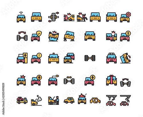 Colorful Transportation and Vehicle Icons Set – Cars, Traffic, Travel and Road Elements Vector Collection