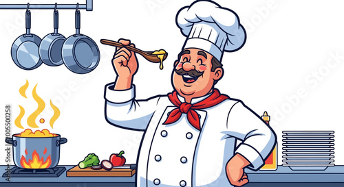 Professional male chef tasting delicious soup in a restaurant kitchen cartoon illustration