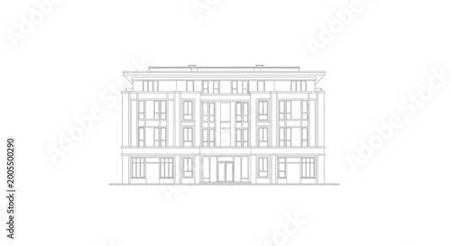 Architectural line drawing of a modern building facade on a white background