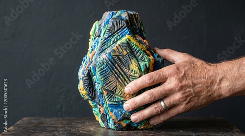 Hand rotating an abstract recycled plastic sculpture to inspect carved details, plain charcoal background.