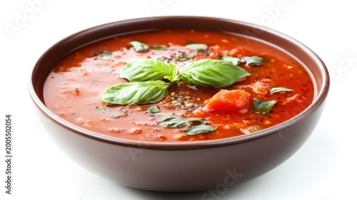 Bowl of vibrant tomato soup, garnished with fresh basil and pepper