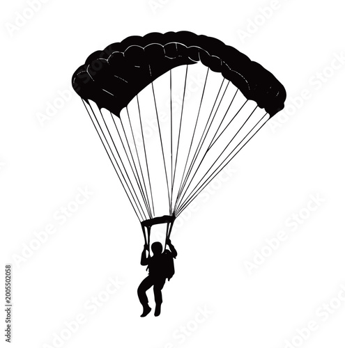 Фотография Silhouette of a parachutist descending with parachute, extreme sport and adventure concept