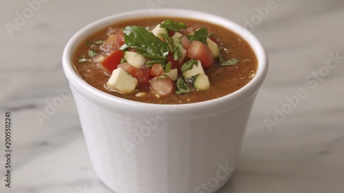 Creamy tomato soup in a small white bowl, topped with fresh ingredients
