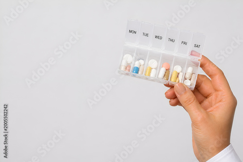 Ultra Realistic Female Hand Holding Pill Organizer Isolated on White Background – Medical, Healthcare and Daily Medication Concept
