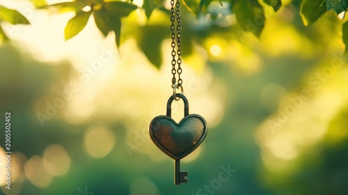 Heart-shaped lock key pendant hangs from chain amidst foliage. Sunlight filters through leaves
