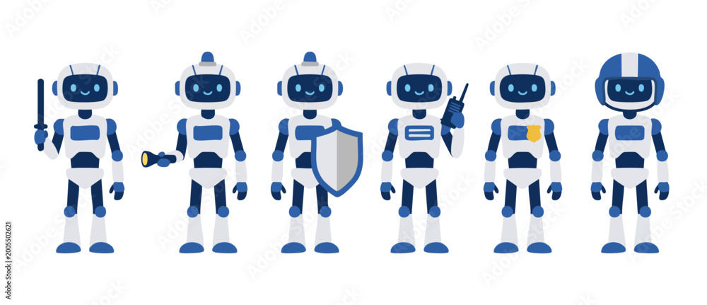 Fototapeta premium Police Robot Character Set with Accessories for Security Concept, Cute Futuristic Android Law Enforcement Officers in Vector Flat Illustration Style for Technology Projects and Guarding Safety Infogra