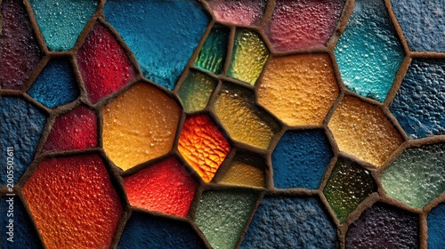 Mosaic glass texture, stained glass window, colorful geometric pattern, church art background, vibrant light transmission 
