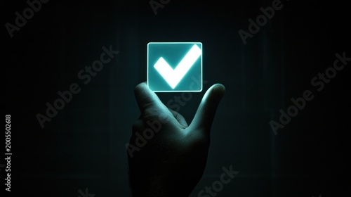 Hand interacting with glowing checkmark interface