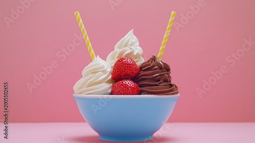 Whipped cream, chocolate, and strawberry dessert in a bowl