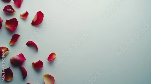 Rose petals scattered on a light gray background