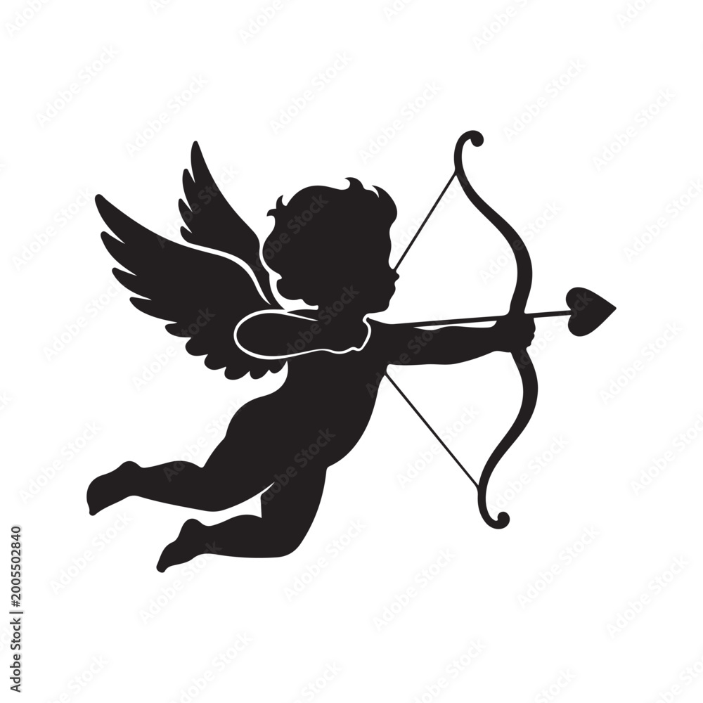 Fototapeta premium Cupid silhouette aiming a bow and heart-tipped arrow. Representing love, romance, and Valentine's Day celebrations. Ideal for wedding invitations and romantic design projects