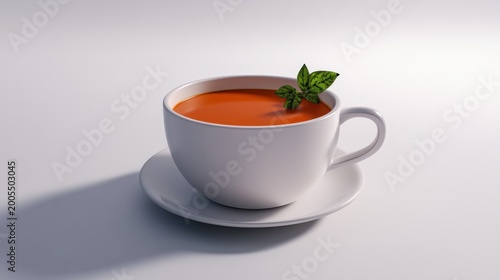 White teacup, orange liquid, mint leaves