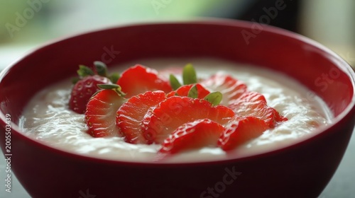 Red bowl of yogurt topped with sliced strawberries