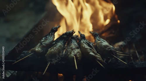 Skewered food grilling over fire