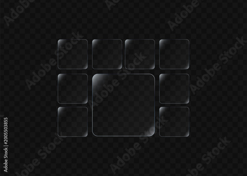 Fotografia Grid of clear glass squares with rounded corners on dark grid background transpa