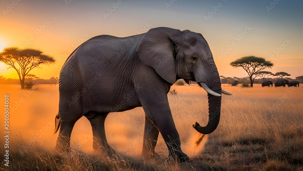 Fototapeta premium Elephant Walking Through African Savanna at Sunset