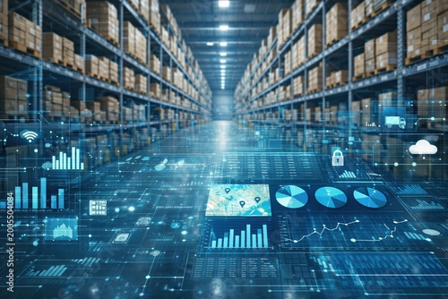 Futuristic warehouse interior with transparent holographic data overlays visualizing logistics analytics, inventory flow, and digital transformation in supply chain operations.