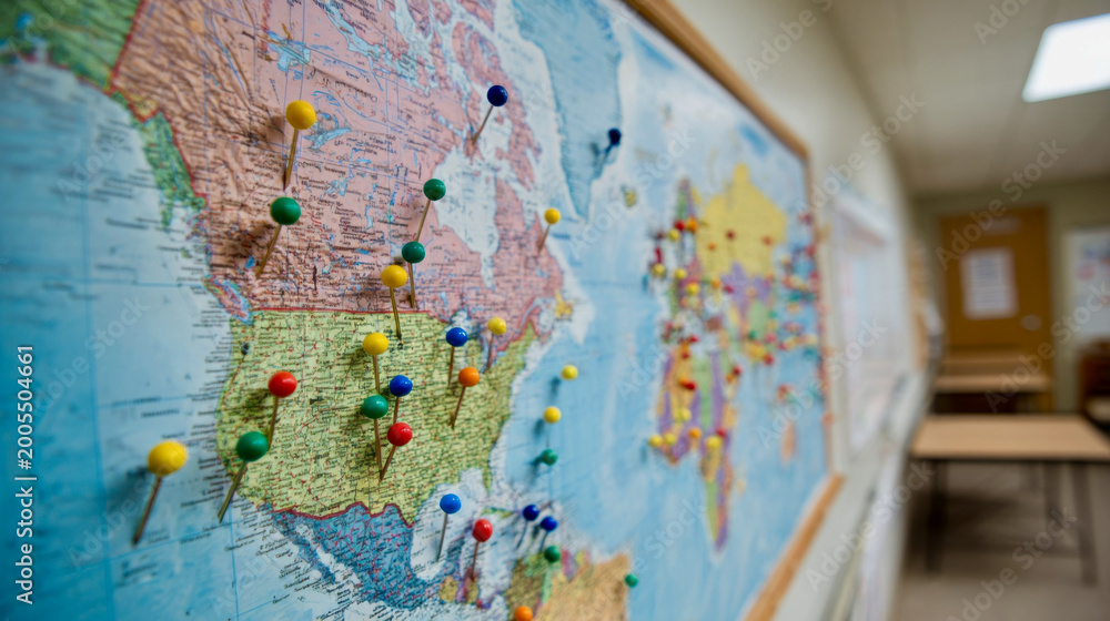 Fototapeta premium Map with pins showing locations marked by students in a classroom during a geography lesson or activity