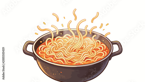 Whimsical cartoon illustration of curly noodles dynamically springing upwards from bright red spicy broth inside a dark dual-handled cooking pot, warm glowing color palette on a plain white background