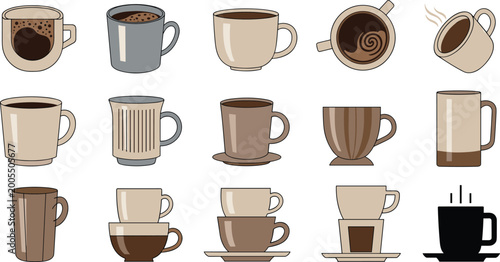 Cuadro en lienzo Coffee Cup Collection Vector Set Different Mug Styles Espresso Latte Cappuccino