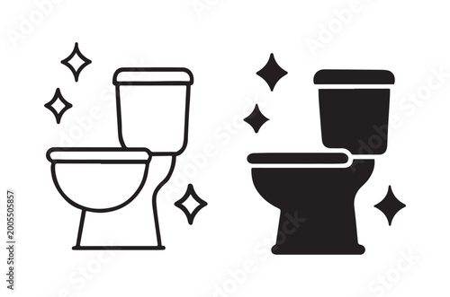Two toilet icons one white and one black surrounded by sparkles