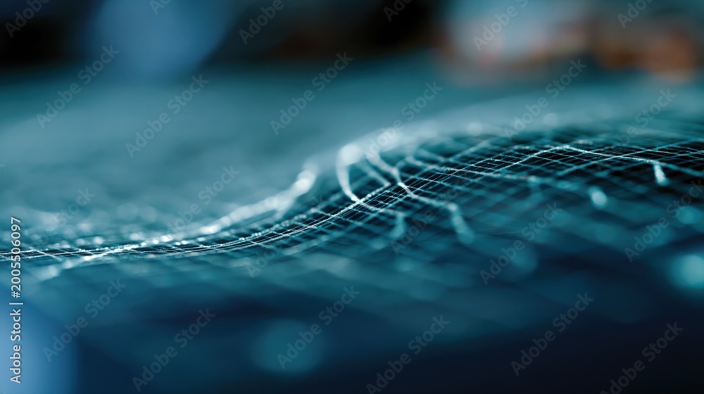 Fototapeta premium Abstract digital network grid with glowing lines and blurry blue background, representing technology and data flow