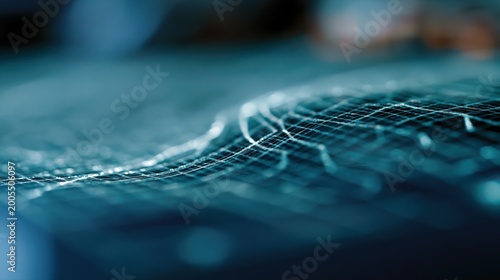 Abstract digital network grid with glowing lines and blurry blue background, representing technology and data flow