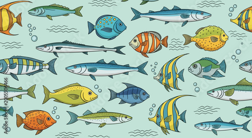 Foto Colorful fish swimming in a blue sea pattern.
