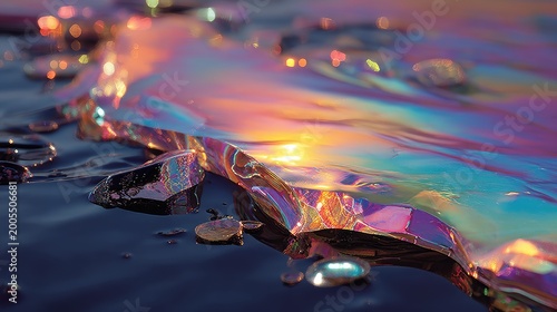 Oil slick abstract background, iridescent rainbow colors, black liquid surface, holographic reflection, modern trippy texture 