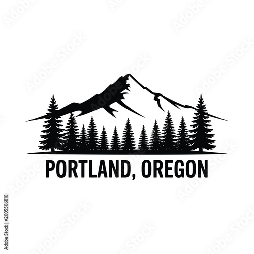Photos mountain and pine tree silhouette with portland oregon text