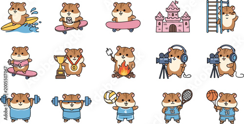 Canvas Print Cute hamster characters in various activities set, adorable cartoon rodents surf