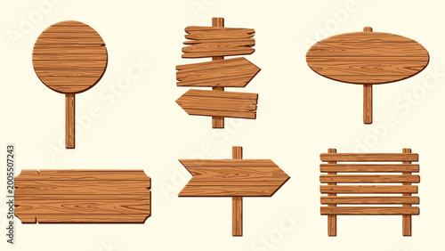 Collection of various wooden signs and signposts, offering blank spaces for custom messages and directions.