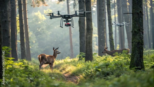 Two deer stand in a forest clearing, observed by two drones hovering nearby among tall trees and lush greenery in soft natural light.