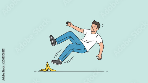 Tableau sur toile Humorous cartoon illustration of a man comically slipping on a banana peel, depicting an unexpected accident and the classic slapstick comedic scenario