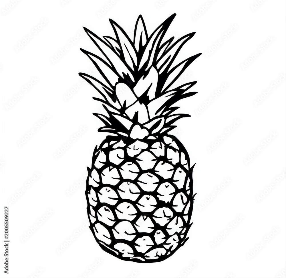 Obraz premium Minimalist black and white line art illustration of a whole pineapple fruit with leafy crown