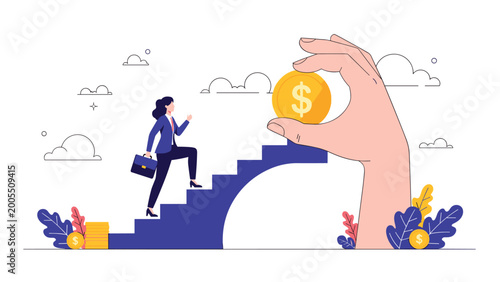 Ambitious businesswoman carrying a briefcase climbs steps toward a giant human hand holding a gold coin representing reward and financial incentives.
