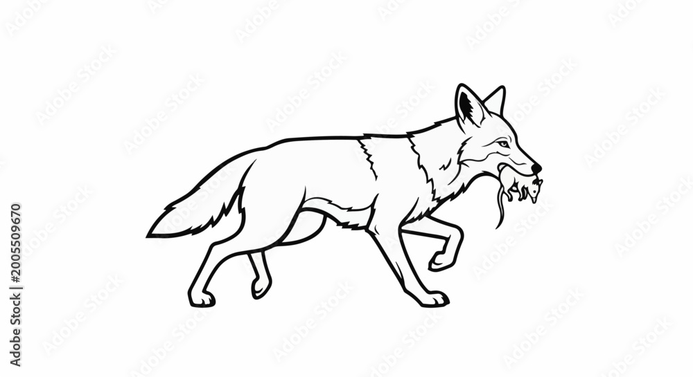 Fototapeta premium Line art of a fox carrying a small rodent in its mouth while walking