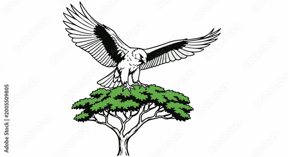 Obraz premium Majestic eagle with outstretched wings perched atop a leafy tree