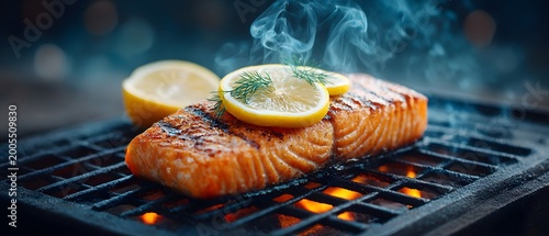 Grilled salmon fillet steak with fresh lemon slices and dill on hot charcoal barbecue grill.
