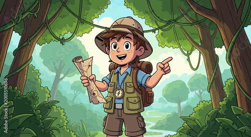 Young boy explorer holding a map and pointing in a cartoon jungle scene