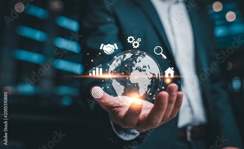 Global business management and development strategy concept with digital network.