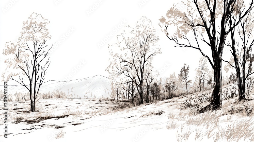 Obraz premium Serene Landscape with Trees and Mountains in Neutral Tones