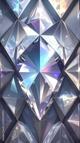 Gleaming faceted geometric shapes with iridescent shimmer