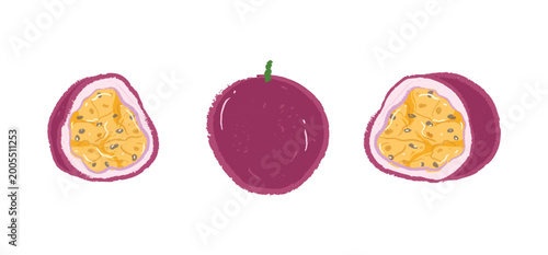 Whole and half fresh passion fruit